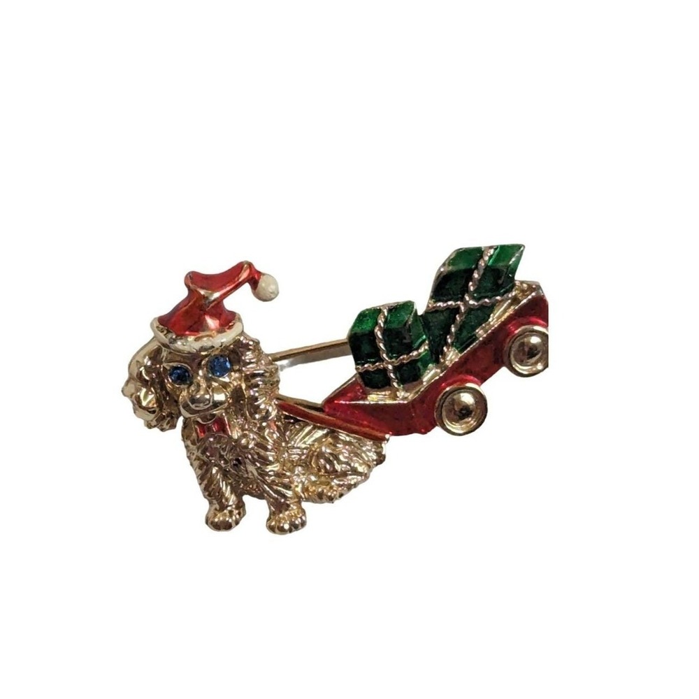 Beatrix‎ Christmas Dog Wagon Pin Vintage Gold Tone Spaniel Santa Hat Brooch